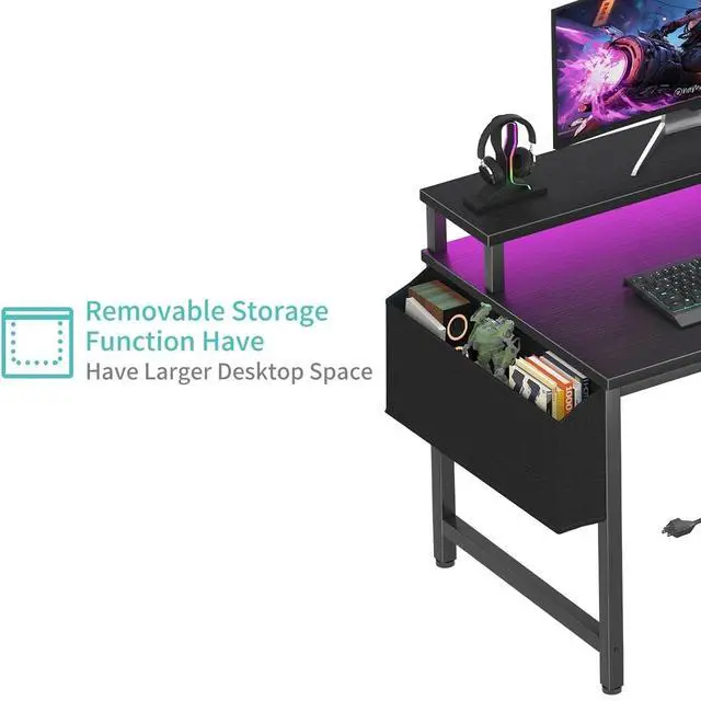 Alt view image 7 of 7 - Small Desk with Power Outlets and LED Lights, 32 Inch Teen Writing Study Table Home Office Computer Desks with Monitor Stand, Gaming Desk with Charging Station, Black