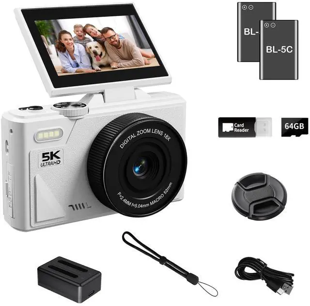 Main image of 5K Digital Camera for Photography with WiFi, 75MP Ultra HD Vlogging Camera for YouTube with 3" 180° Flip Screen,18X Zoom Autofocus Compact Cameras for Beginners Teens with 64GB SD Card.