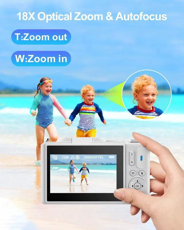 Alt view image 4 of 7 - 5K Digital Camera for Photography with WiFi, 75MP Ultra HD Vlogging Camera for YouTube with 3" 180° Flip Screen,18X Zoom Autofocus Compact Cameras for Beginners Teens with 64GB SD Card.