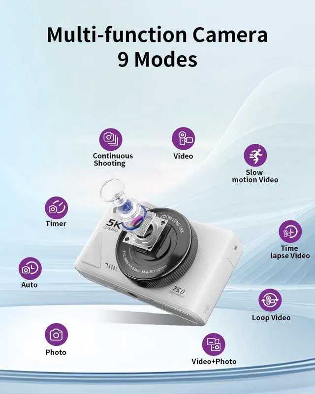 Alt view image 6 of 7 - 5K Digital Camera for Photography with WiFi, 75MP Ultra HD Vlogging Camera for YouTube with 3" 180° Flip Screen,18X Zoom Autofocus Compact Cameras for Beginners Teens with 64GB SD Card.