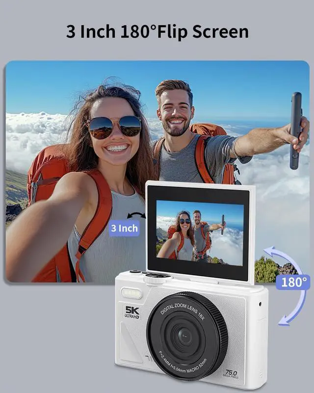 Alt view image 7 of 7 - 5K Digital Camera for Photography with WiFi, 75MP Ultra HD Vlogging Camera for YouTube with 3" 180° Flip Screen,18X Zoom Autofocus Compact Cameras for Beginners Teens with 64GB SD Card.