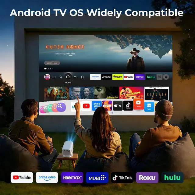 Alt view image 4 of 7 - Native 1080P Smart Mini Projector with WiFi 6 Bluetooth 5.4, Full HD 4K Support Auto Focus&Keystone,Built-in Apps Android TV OS,Stereo Speakers,Portable Movie Projector for iPhone Home Outdoor WEMI X3