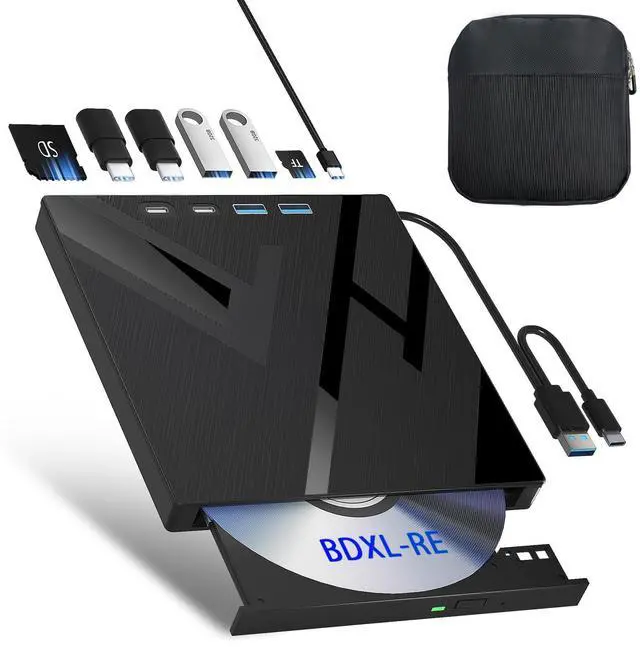 Main image of 7 in 1 External Blu Ray Drive, External Blueray/DVD Drive for PC with SD/TF Port Blu Ray Burner, Support 100G Disc External Blu Ray Drive for Windows Linux MacOS Laptop Desktop(with Carring Case)