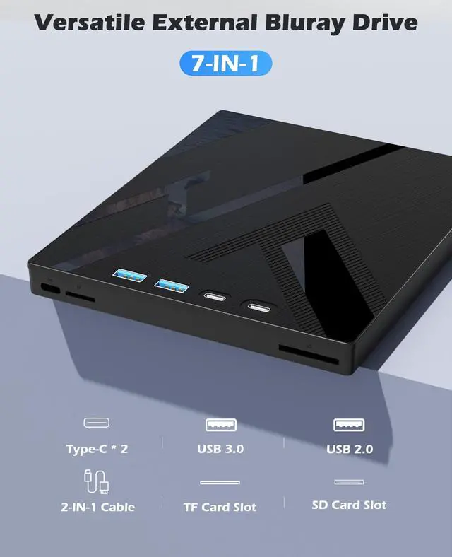Alt view image 5 of 7 - 7 in 1 External Blu Ray Drive, External Blueray/DVD Drive for PC with SD/TF Port Blu Ray Burner, Support 100G Disc External Blu Ray Drive for Windows Linux MacOS Laptop Desktop(with Carring Case)