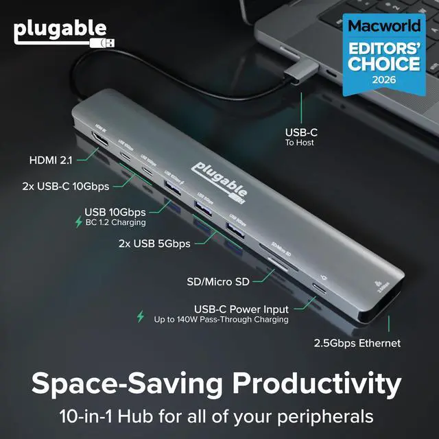 Alt view image 2 of 7 - USB C Hub: 10-in-1 Multiport Adapter (8K/4K 144Hz HDMI 2.1, 2.5G Ethernet, 140W Charging, 10Gbps Data) Driverless IT Deployment for MacBook Pro/Air Windows Thunderbolt Chromebook, USBC-10IN1E