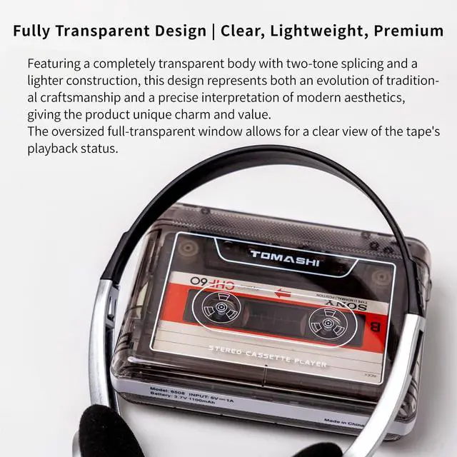 Alt view image 5 of 7 - Portable Cassette Player with Bluetooth Transmitter, Cassette Stereo Player with Type-C Charging, Built-in Battery, Belt Clip, and Earphone Jack for Wireless Music Playback