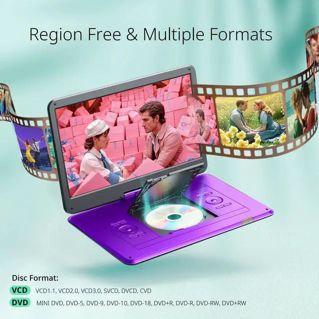 Alt view image 6 of 7 - 17.5" Portable DVD Player with 15.6" Large HD Swivel Screen, 6 Hours Working Time with Built-in Battery, Dual Stereo Speakers, Support USB/SD Card/Sync TV and Multiple Disc Formats-Purple