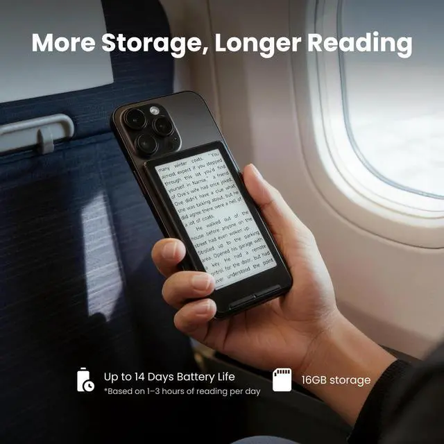 Alt view image 6 of 7 - X4 E-Book Reader, 4.3" Portable Pocket E-Ink eReader with Physical Page-Turn Buttons, Ultra-Thin 0.23 inch&2.72 oz, Magnetic-Ready Design, Distraction-Free Reading, 16GB Storage, Space Black