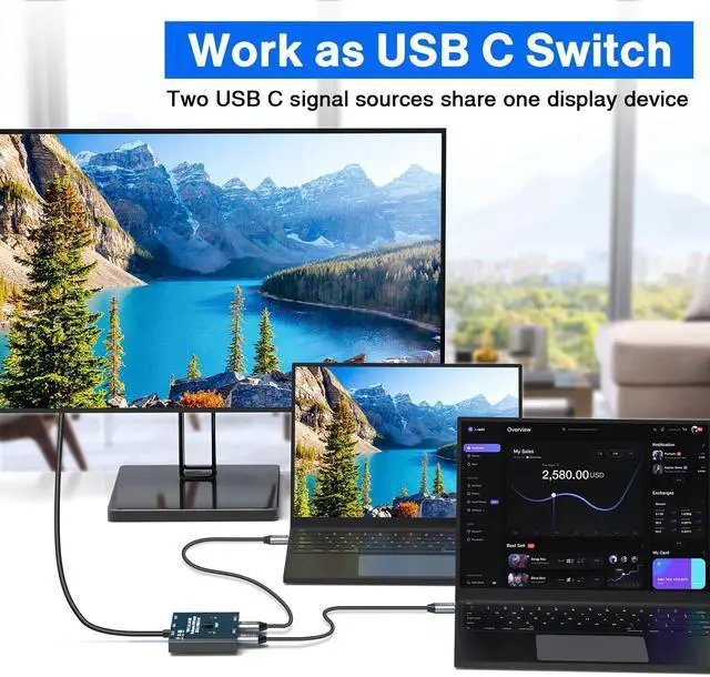 Alt view image 2 of 7 - USB C Switch 2 in 1 Out/1 in 2 Out Bi Directional USB C Switcher Selector for 2 Laptops Share 1 USB Device, 4K@60Hz/10Gbps Data Transfer and 100W PD Charging, Wired Control and 2 UBS C Cables