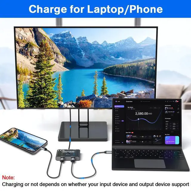 Alt view image 7 of 7 - USB C Switch 2 in 1 Out/1 in 2 Out Bi Directional USB C Switcher Selector for 2 Laptops Share 1 USB Device, 4K@60Hz/10Gbps Data Transfer and 100W PD Charging, Wired Control and 2 UBS C Cables