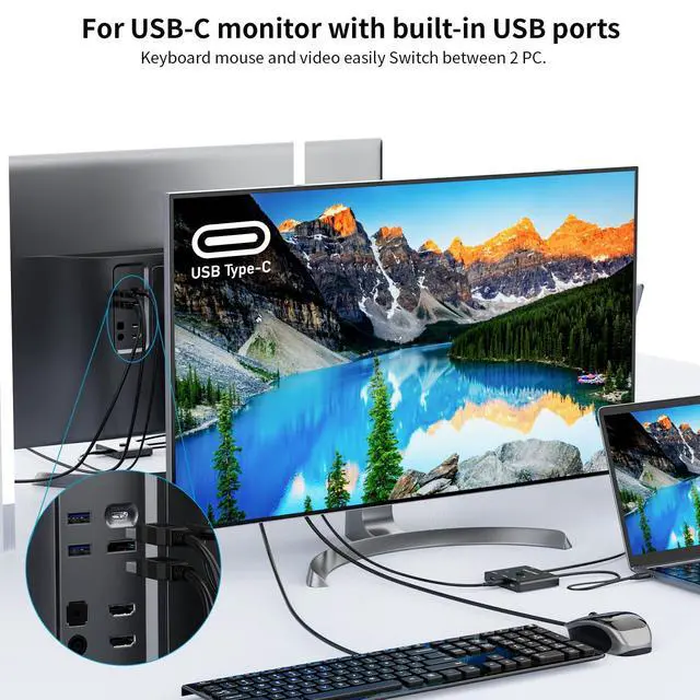Alt view image 7 of 7 - USB C Switch,USB C Switcher 2 Computers,Type C KVM Switch 8K@60Hz 4K@120Hz Video/10Gbps Data Transfer/100W Charging,Compatible with Thunderbolt Device,USB-C Cables Included