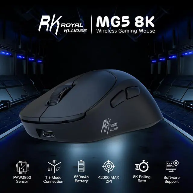 Alt view image 6 of 7 - MG5 8K Wireless Gaming Mouse, 42K DPI PAW3950 Sensor, 56g Lightweight Ergonomic Mouse, Dual 8000Hz Polling Rate, Tri-Mode 2.4G/BT/USB-C, Programmable Web Drive for PC Win/Mac