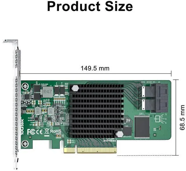 Alt view image 3 of 7 - H!Fiber 12G Internal PCIe Controller Card, 8 Ports 12Gb/s SATA + SAS HBA Card, Broadcom's 3008 Chip, PCI Express 3.0 X8, 2X Mini SAS SFF-8643 Ports, Same as 9300-8I with Low Profile Bracket