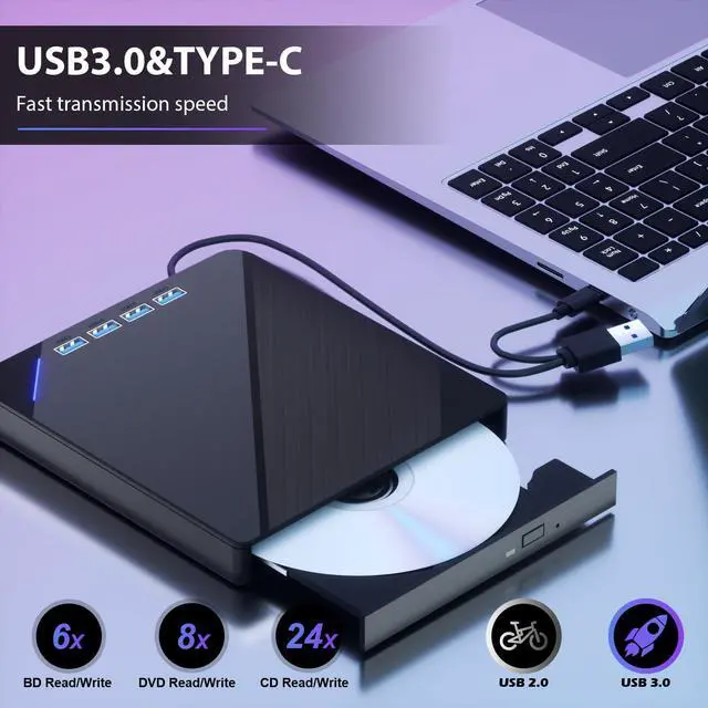 Alt view image 6 of 7 - External Blu ray Drive, 7 in 1 Support 100G Disc R/W, USB3.0 Type-C Bluray Drive BD DVD CD Burner with 4 USB Ports, SD/TF Card Slot Compatible with Windows Linux MacOS (Blu ray &CD &DVD)