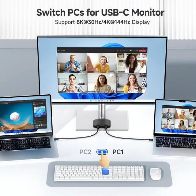 Alt view image 3 of 7 - 20Gbps USB C Switch for 2 Computers, Up to 8K@30Hz on Windows, 4K@60Hz on macOS, 140W PD, for Sharing a USB-C/Thunderbolt 4 Monitor or Dock (Not Work with Captive Cable Docks), Black