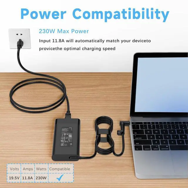 Alt view image 7 of 7 - 230W 19.5V 11.8A AC Charger Compatible with HP OMEN 16 15 17, Victus 16 15, ZBook Fury G7 G8 G9 G10, ZBook Power Studio G7 G8 G9, Pavilion Gaming Laptop Power Supply Cord (4.5*3.0mm grey Tip)