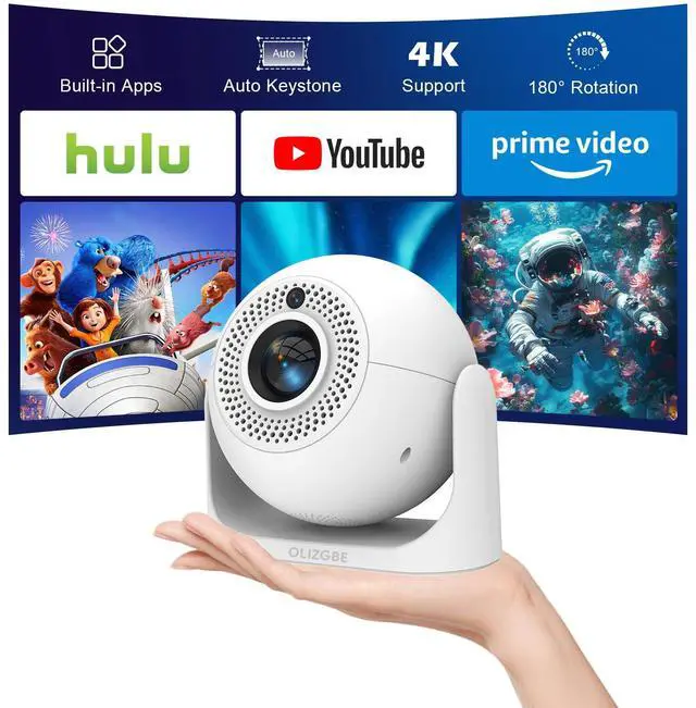 Main image of Mini Projector with WiFi and Bluetooth, Built-in Apps Portable Projector 4K Support, Auto Vertical Keystone & Auto Focus, 200 ANSI, 5W Speaker 180° Rotatable Smart Proyector for Movie Home Outdoor