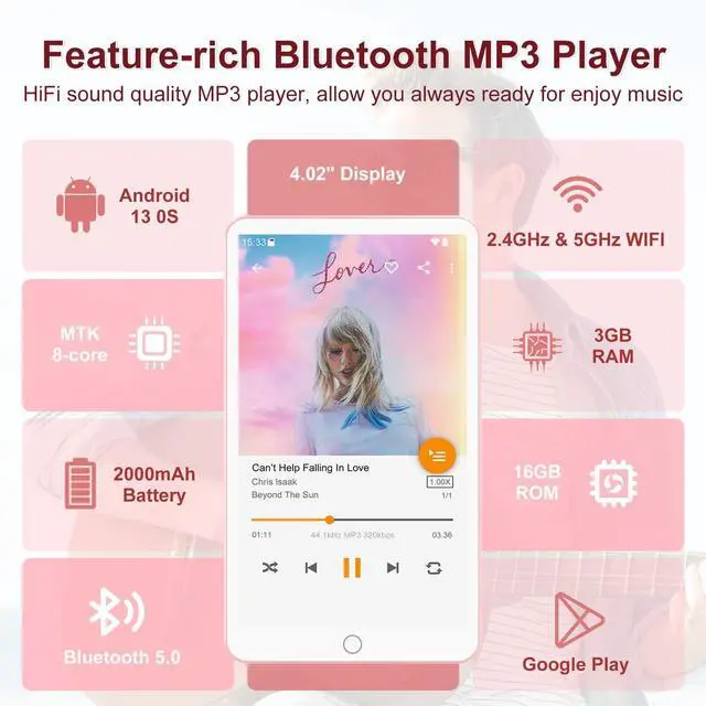 Alt view image 3 of 7 - Android 13 MP3 Player with Bluetooth and WiFi, MP3 MP4 Players with 4" Touchscreen and Speaker, 3GB RAM & 16GB ROM, Spotify Music Players with Audible, Amazon Music, Play Store (16GB, Pink)