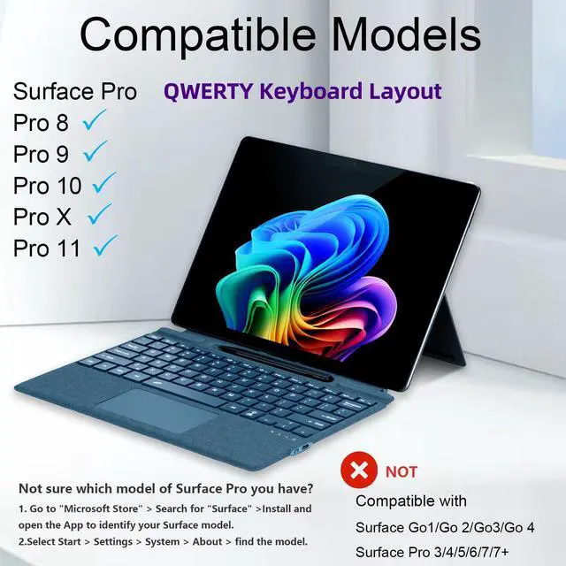 Alt view image 2 of 6 - Type Cover for Microsoft Surface Pro 11/10 / 9/8 / X, 13 inch, Ultra-Slim Bluetooth Keyboard with Multi-Touchpad Mouse Rechargeable, 7-Color LED Backlit (Blue)