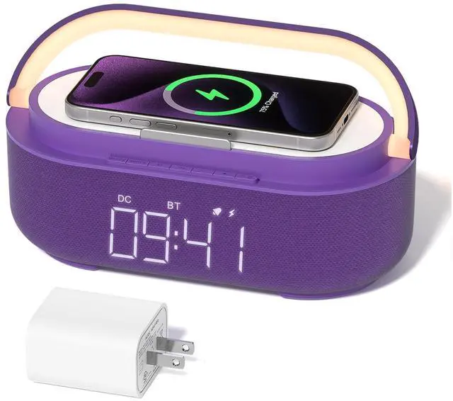 Main image of Bluetooth Speaker Alarm Clock with Wireless Charger, FM Radio, Adjustable LED Night Light, 6 in 1 Bedroom Portable Speaker 2500mAh, Phone Stand for Bedside, Home, Office, Gift (Purple)
