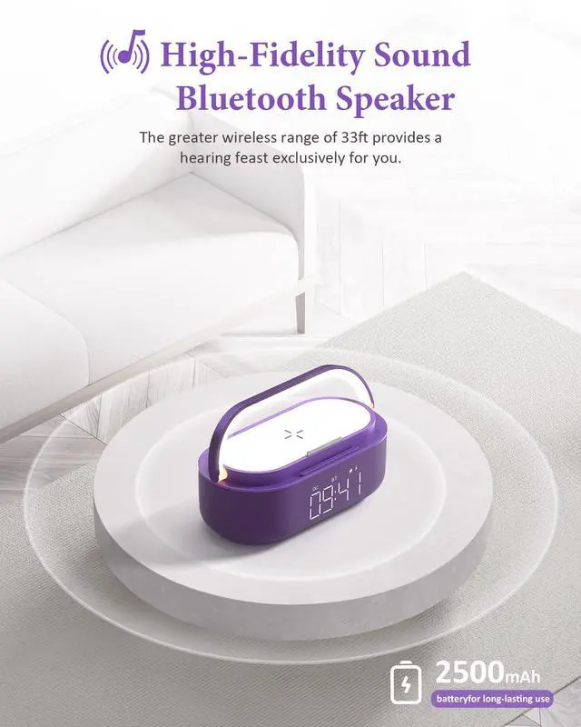Alt view image 2 of 7 - Bluetooth Speaker Alarm Clock with Wireless Charger, FM Radio, Adjustable LED Night Light, 6 in 1 Bedroom Portable Speaker 2500mAh, Phone Stand for Bedside, Home, Office, Gift (Purple)