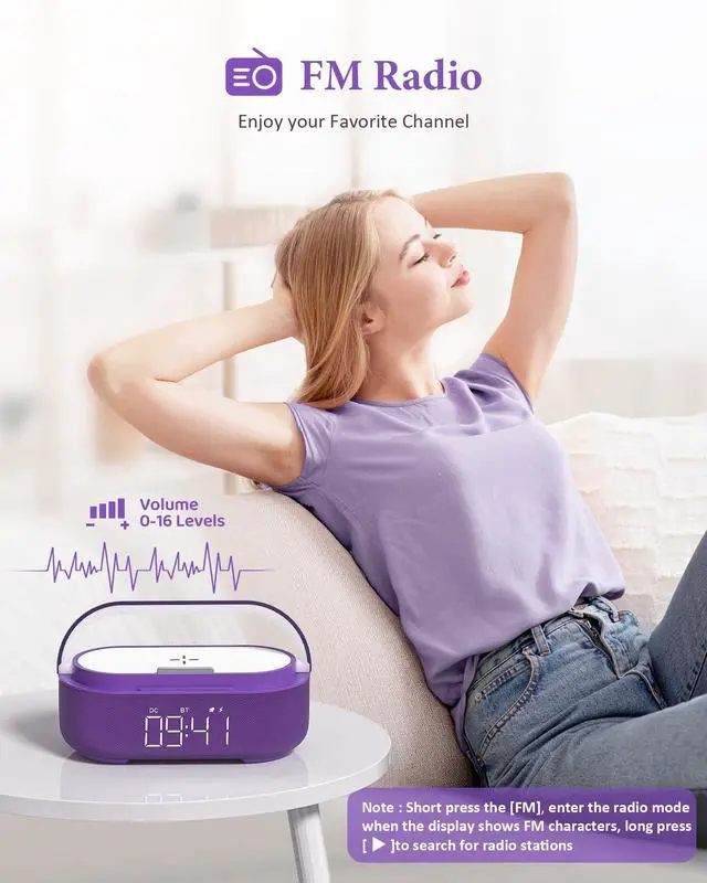 Alt view image 3 of 7 - Bluetooth Speaker Alarm Clock with Wireless Charger, FM Radio, Adjustable LED Night Light, 6 in 1 Bedroom Portable Speaker 2500mAh, Phone Stand for Bedside, Home, Office, Gift (Purple)