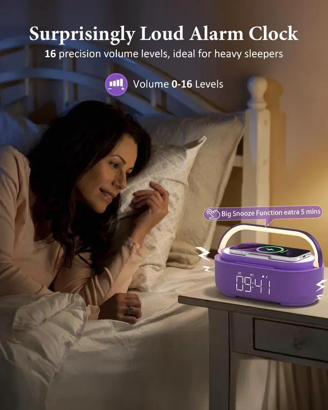 Alt view image 4 of 7 - Bluetooth Speaker Alarm Clock with Wireless Charger, FM Radio, Adjustable LED Night Light, 6 in 1 Bedroom Portable Speaker 2500mAh, Phone Stand for Bedside, Home, Office, Gift (Purple)