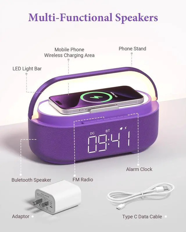 Alt view image 5 of 7 - Bluetooth Speaker Alarm Clock with Wireless Charger, FM Radio, Adjustable LED Night Light, 6 in 1 Bedroom Portable Speaker 2500mAh, Phone Stand for Bedside, Home, Office, Gift (Purple)