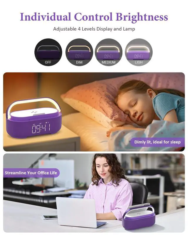 Alt view image 6 of 7 - Bluetooth Speaker Alarm Clock with Wireless Charger, FM Radio, Adjustable LED Night Light, 6 in 1 Bedroom Portable Speaker 2500mAh, Phone Stand for Bedside, Home, Office, Gift (Purple)