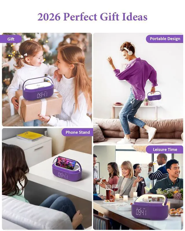 Alt view image 7 of 7 - Bluetooth Speaker Alarm Clock with Wireless Charger, FM Radio, Adjustable LED Night Light, 6 in 1 Bedroom Portable Speaker 2500mAh, Phone Stand for Bedside, Home, Office, Gift (Purple)