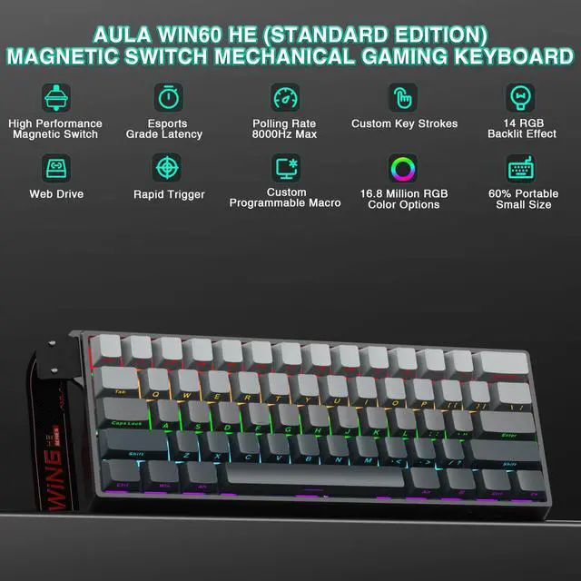 Alt view image 2 of 7 - Aula WIN60 HE - 60% Mechanical Gaming Keyboard Wired, Hall Effect Magnetic Switch Hot Swappable,8000 Hz Polling Rate, RGB Keyboard 60 Percent Compact Design for PC (Gradient Gray)