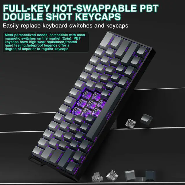 Alt view image 5 of 7 - Aula WIN60 HE - 60% Mechanical Gaming Keyboard Wired, Hall Effect Magnetic Switch Hot Swappable,8000 Hz Polling Rate, RGB Keyboard 60 Percent Compact Design for PC (Gradient Gray)