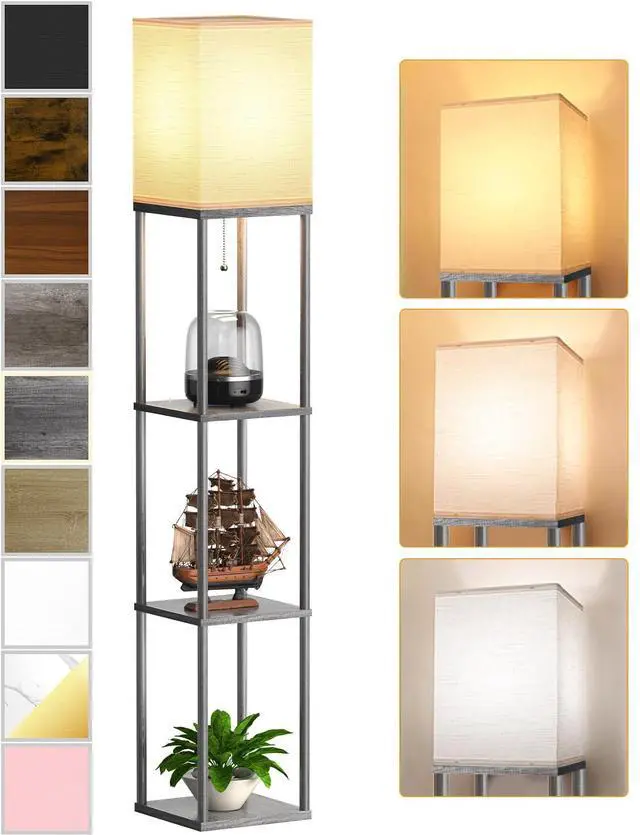Main image of Floor Lamp with Shelves for Living Room, Shelf Floor Lamp with 3 CCT LED Bulb, Corner Display Standing Column Lamp Etagere Organizer Tower Nightstand with White Linen Shade for Bedroom, Dark Gray
