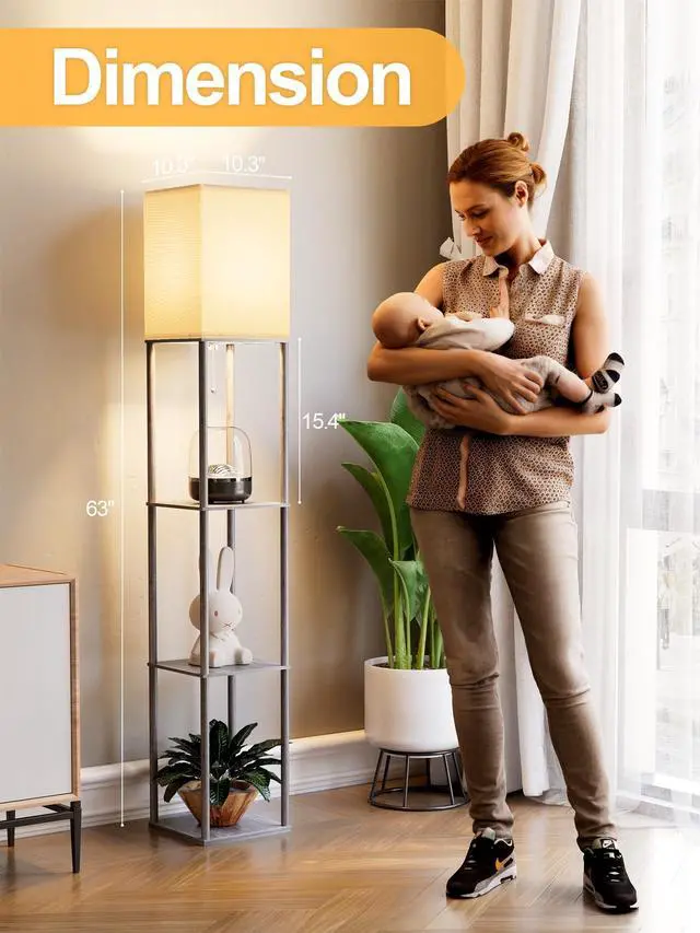 Alt view image 2 of 7 - Floor Lamp with Shelves for Living Room, Shelf Floor Lamp with 3 CCT LED Bulb, Corner Display Standing Column Lamp Etagere Organizer Tower Nightstand with White Linen Shade for Bedroom, Dark Gray