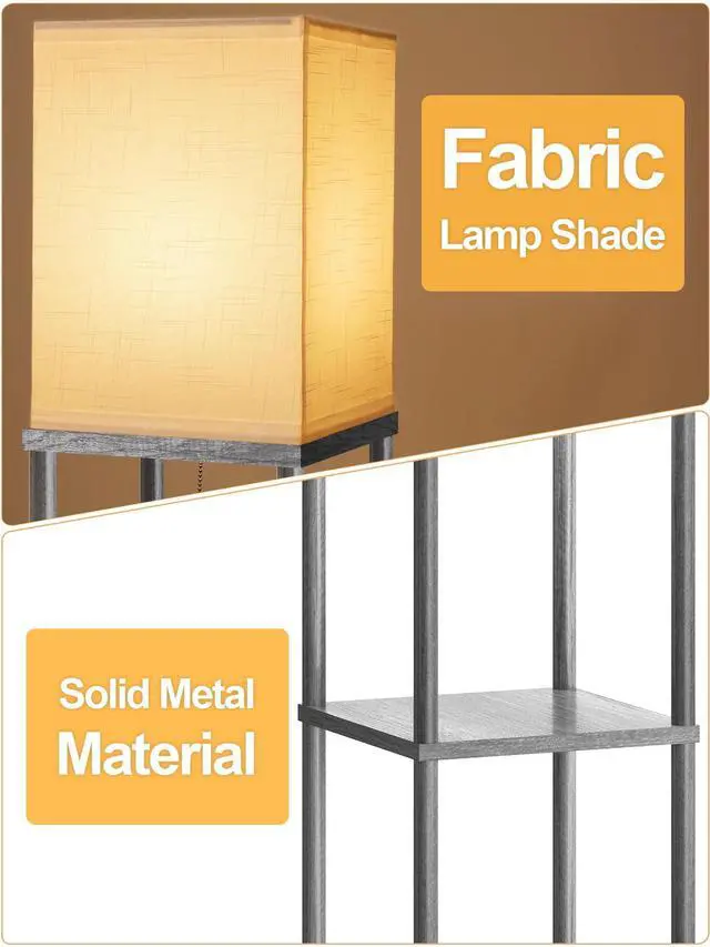 Alt view image 4 of 7 - Floor Lamp with Shelves for Living Room, Shelf Floor Lamp with 3 CCT LED Bulb, Corner Display Standing Column Lamp Etagere Organizer Tower Nightstand with White Linen Shade for Bedroom, Dark Gray