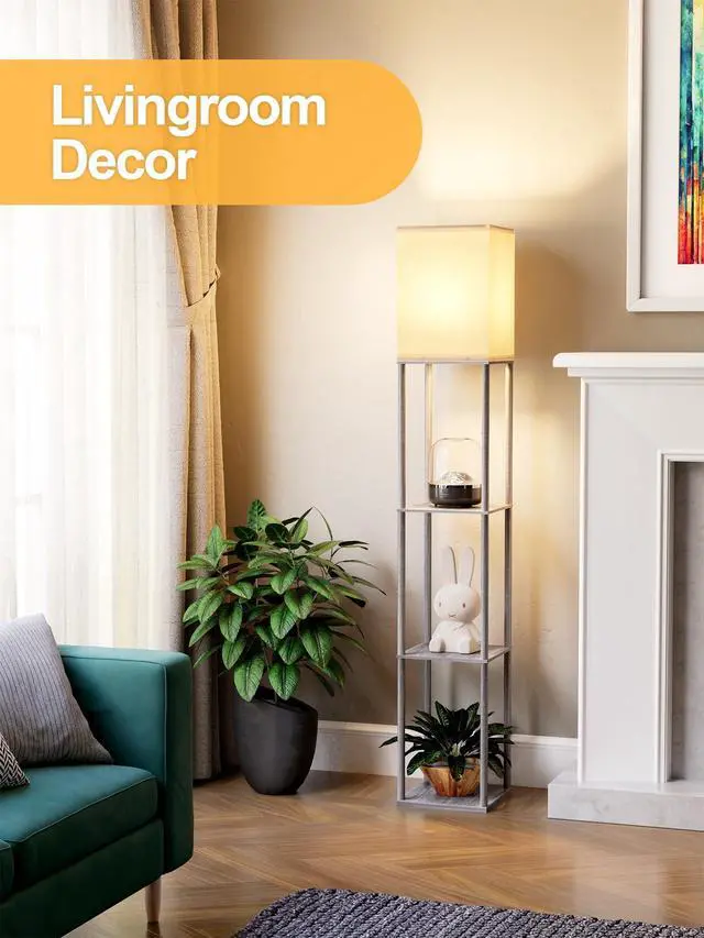 Alt view image 6 of 7 - Floor Lamp with Shelves for Living Room, Shelf Floor Lamp with 3 CCT LED Bulb, Corner Display Standing Column Lamp Etagere Organizer Tower Nightstand with White Linen Shade for Bedroom, Dark Gray
