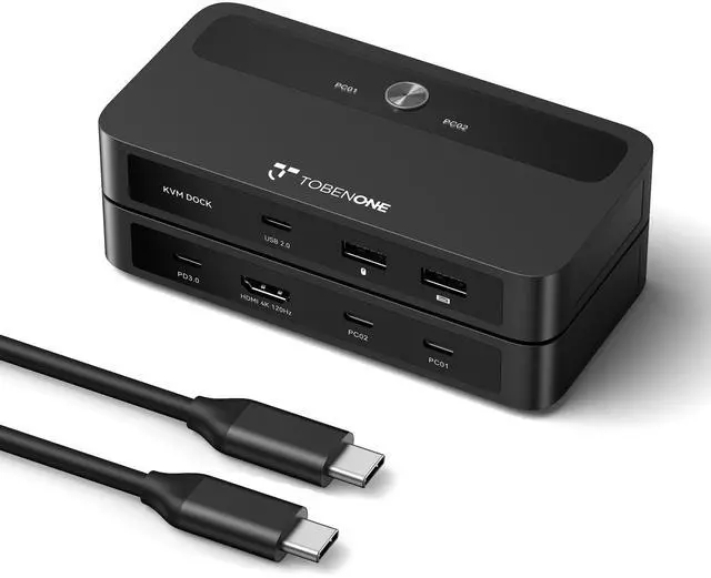 Main image of USB C KVM Switch 1 Monitor 2 Computers 4K@120Hz HDMI, KVM Switches 2 Computers with 3 USB Devices and 100W PD Charging, Button Control Suitable for Windows/Chrome OS/MacOS, Plug and Play