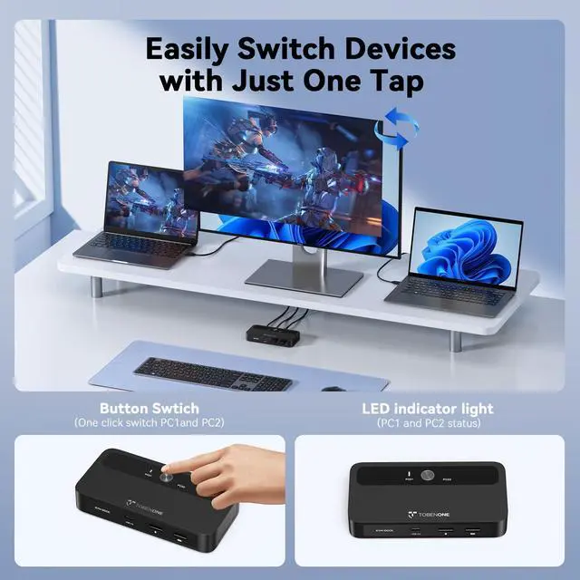 Alt view image 6 of 7 - USB C KVM Switch 1 Monitor 2 Computers 4K@120Hz HDMI, KVM Switches 2 Computers with 3 USB Devices and 100W PD Charging, Button Control Suitable for Windows/Chrome OS/MacOS, Plug and Play