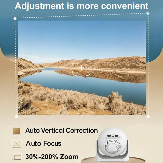 Alt view image 3 of 7 - Auto Focus Mini Projector Support 4K 1080P, Built-in APPS & Auto Keystone 180° Rotatable, Portable Projector with WiFi and Bluetooth, Home Theater Outdoor Movie Bedroom Projector, 200 ANSI Lumens