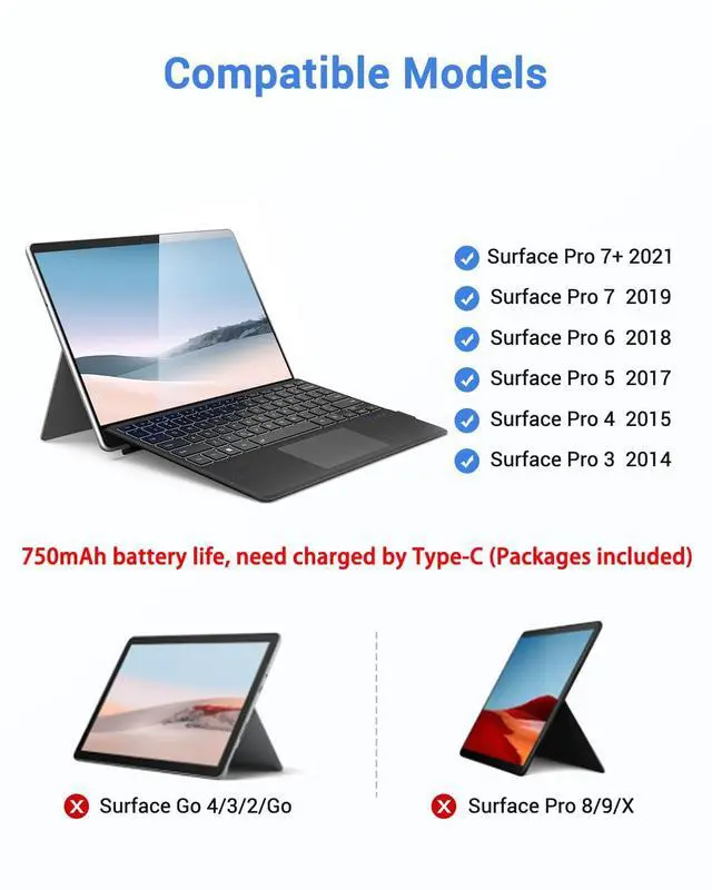 Alt view image 2 of 7 - Surface Pro Keyboard, Wireless Type Cover for Microsoft Surface Pro 7 Plus 7/6/5/4/3 12.3 inch, 7 Color Backlit Bluetooth Ultra-Slim Portable Magnetic Keyboard with Trackpad, Auto Wake up/Sleep