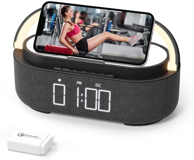 Main image of Bluetooth Speaker with Wireless Charger, FM Radio, Dimmable LED Night Light, Stereo Sound Dual Wireless Speakers, 2500mAh Portable Speaker for Home Decoration, Bedroom, Office, Gift