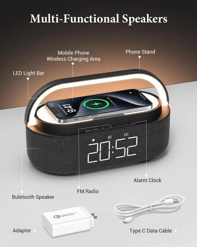 Alt view image 4 of 7 - Bluetooth Speaker with Wireless Charger, FM Radio, Dimmable LED Night Light, Stereo Sound Dual Wireless Speakers, 2500mAh Portable Speaker for Home Decoration, Bedroom, Office, Gift