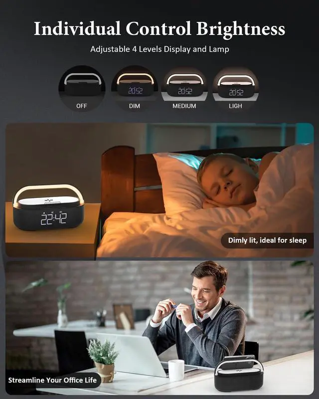 Alt view image 6 of 7 - Bluetooth Speaker with Wireless Charger, FM Radio, Dimmable LED Night Light, Stereo Sound Dual Wireless Speakers, 2500mAh Portable Speaker for Home Decoration, Bedroom, Office, Gift