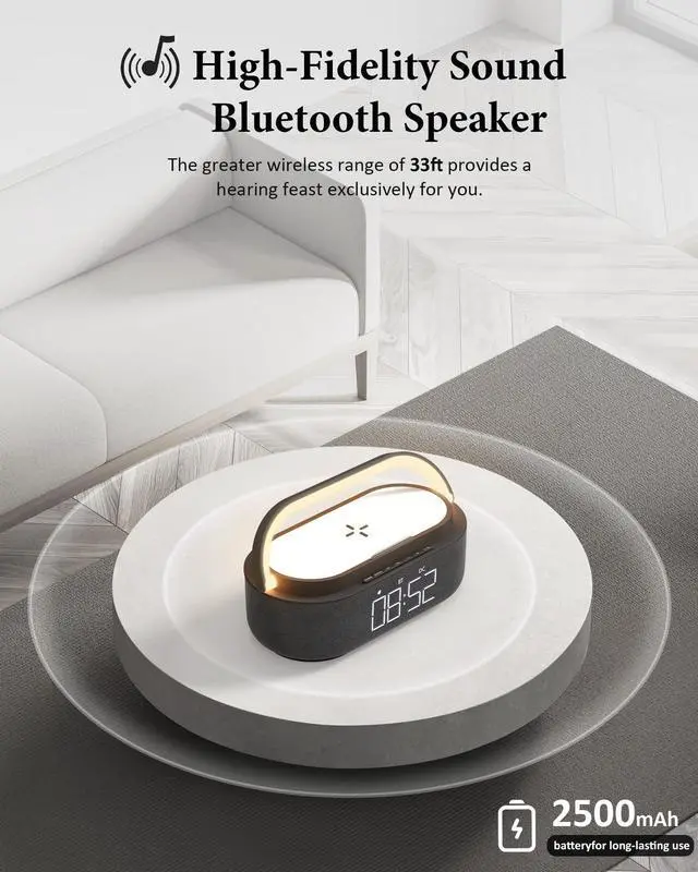 Alt view image 2 of 7 - Bluetooth Speaker with Wireless Charger, FM Radio, Dimmable LED Night Light, Stereo Sound Dual Wireless Speakers, 2500mAh Portable Speaker for Home Decoration, Bedroom, Office, Gift