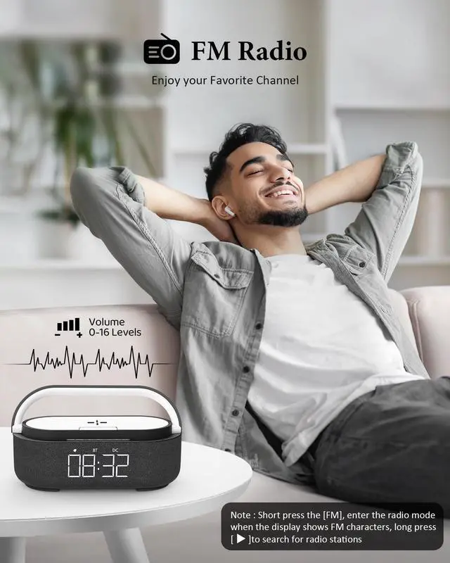 Alt view image 5 of 7 - Bluetooth Speaker with Wireless Charger, FM Radio, Dimmable LED Night Light, Stereo Sound Dual Wireless Speakers, 2500mAh Portable Speaker for Home Decoration, Bedroom, Office, Gift