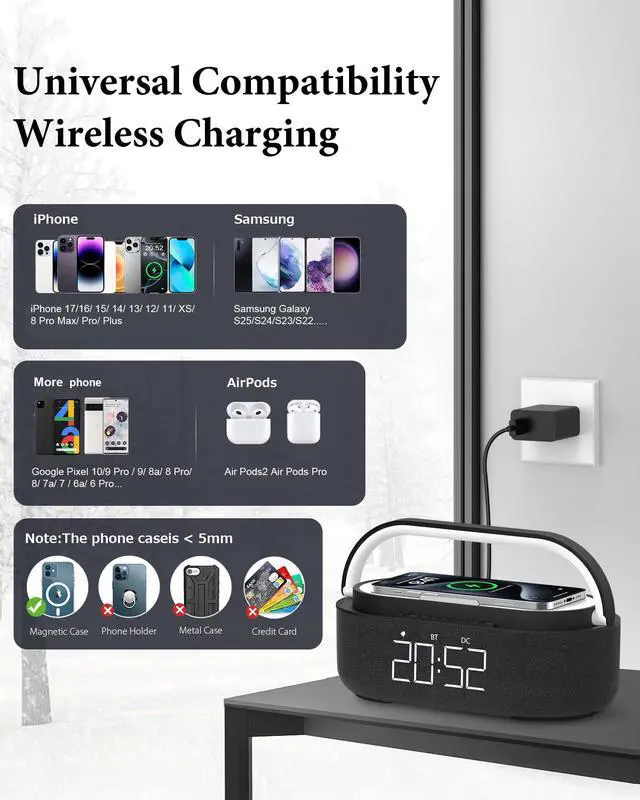 Alt view image 7 of 7 - Bluetooth Speaker with Wireless Charger, FM Radio, Dimmable LED Night Light, Stereo Sound Dual Wireless Speakers, 2500mAh Portable Speaker for Home Decoration, Bedroom, Office, Gift