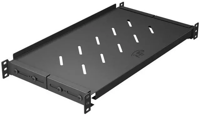Main image of Vented 4-Post Shelf, Adjustable, Black, 250 mm Depth, 1U, 242 lbs, Cold Rolled Steel