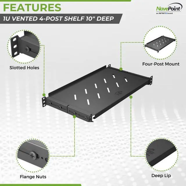Alt view image 4 of 6 - Vented 4-Post Shelf, Adjustable, Black, 250 mm Depth, 1U, 242 lbs, Cold Rolled Steel