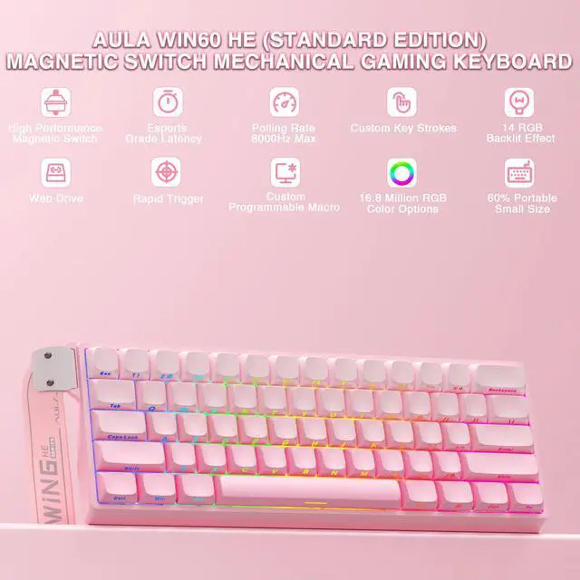 Alt view image 2 of 7 - Aula WIN60 HE - 60% Mechanical Gaming Keyboard Wired, Hall Effect Magnetic Switch Hot Swappable,8000 Hz Polling Rate, RGB Keyboard 60 Percent Compact Design for PC (Gradient Pink)