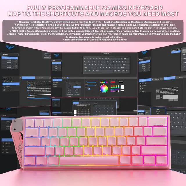 Alt view image 7 of 7 - Aula WIN60 HE - 60% Mechanical Gaming Keyboard Wired, Hall Effect Magnetic Switch Hot Swappable,8000 Hz Polling Rate, RGB Keyboard 60 Percent Compact Design for PC (Gradient Pink)